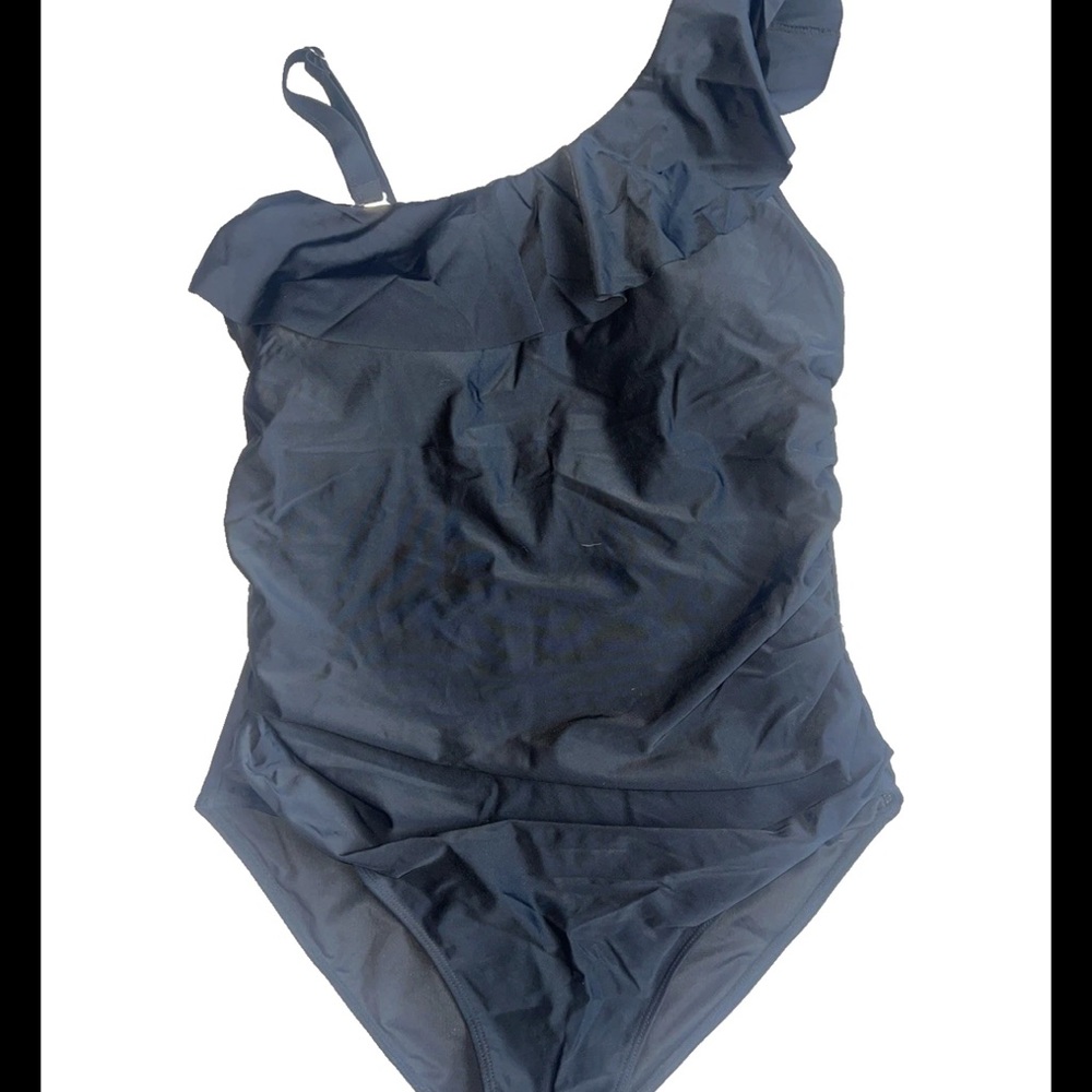 Aqua Eve 1-piece tummy control RUFFLE one shoulder Swimsuit  black plus sz 20W